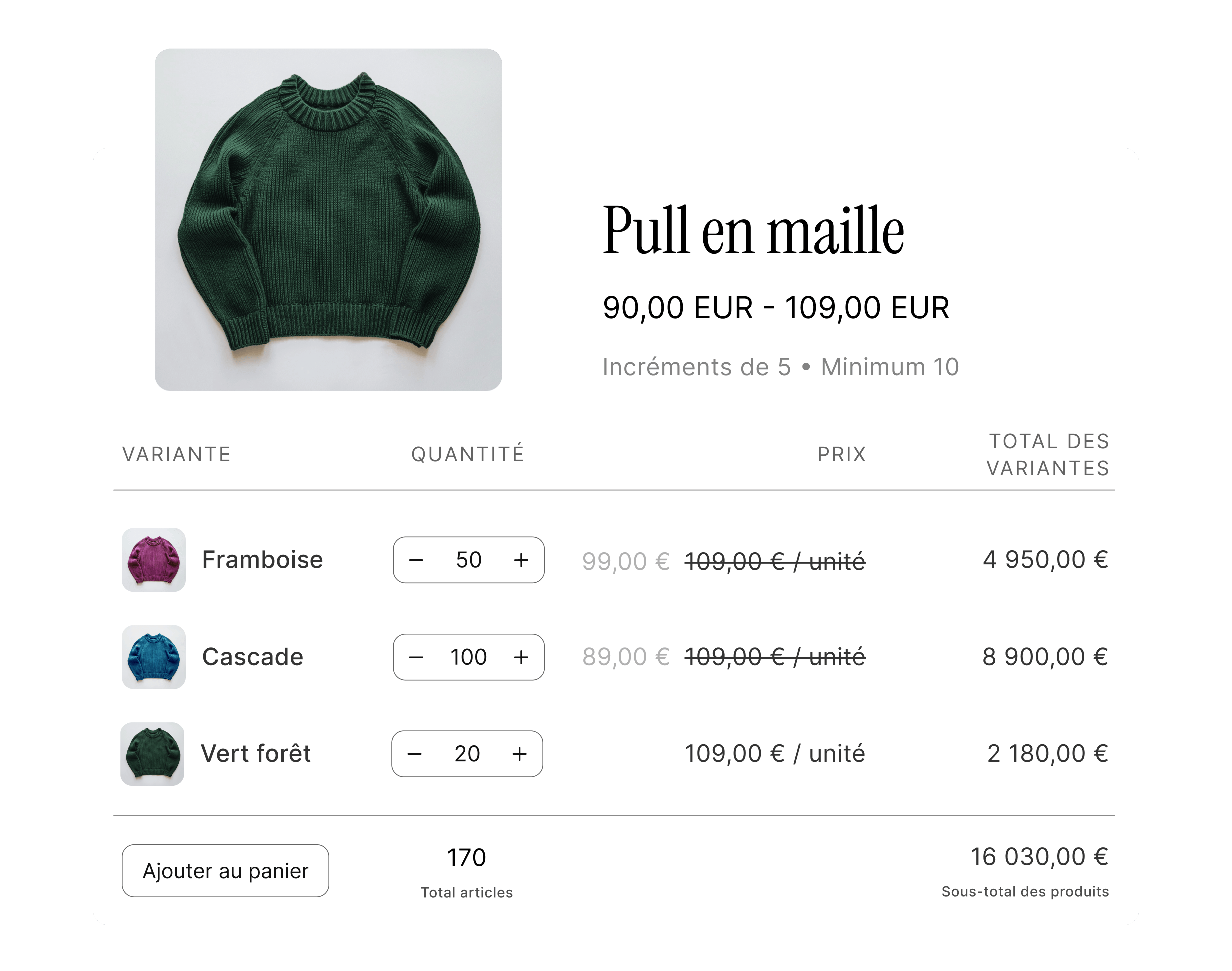 Animation montrant des réductions B2B grâce auxquelles le coût par article baisse automatiquement lorsque le nombre d’articles achetés augmente